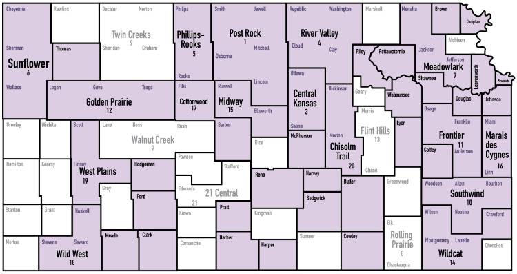 map showing Kansas counties and extension districts