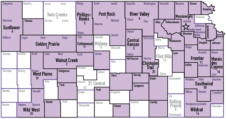 map showing Kansas counties and extension districts