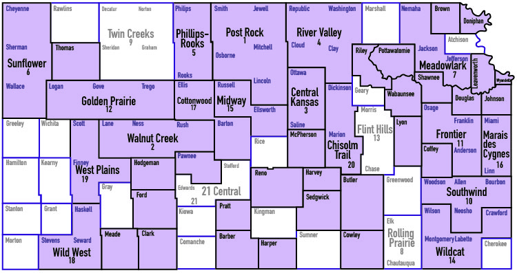 map showing Kansas counties and extension districts